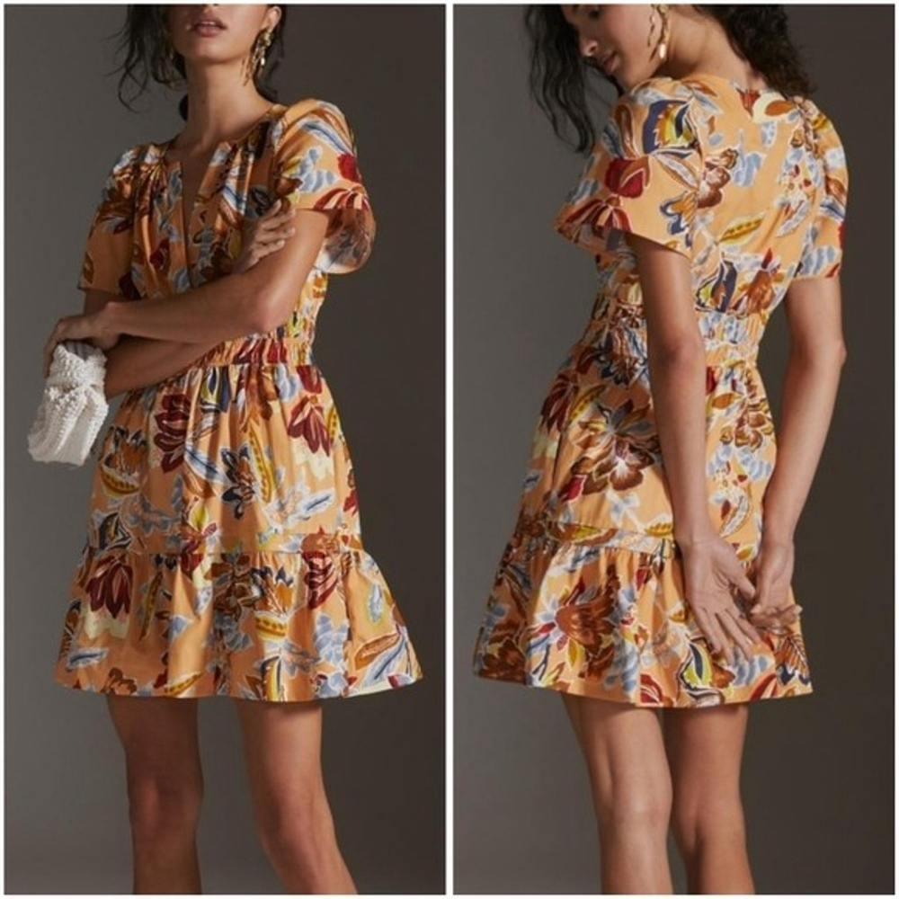 Anthropologie Mustard Yellow Floral Mini Dress